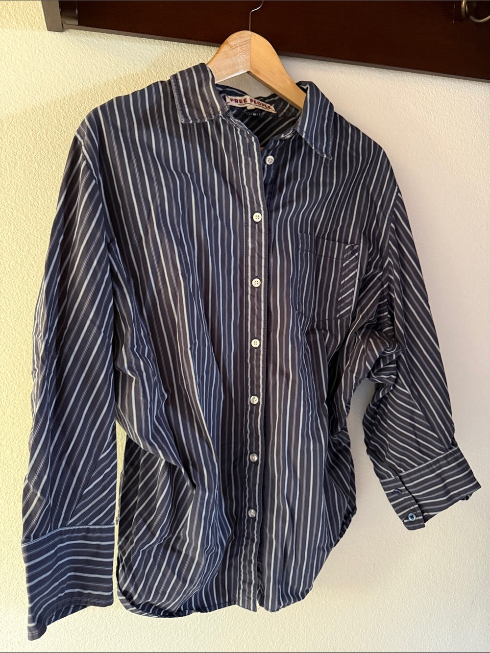 Free People Navy Striped Button-Down Shirt, Oversized, Dolman Sleeve Relaxed Fit